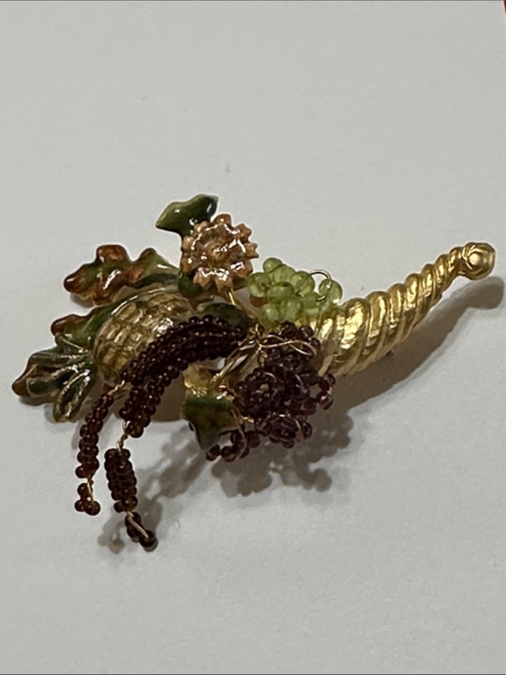 Gold/Green Decorative Pineapple Thanksgiving Cornucopia Brooch - 2 3/4” x 1 3/4”